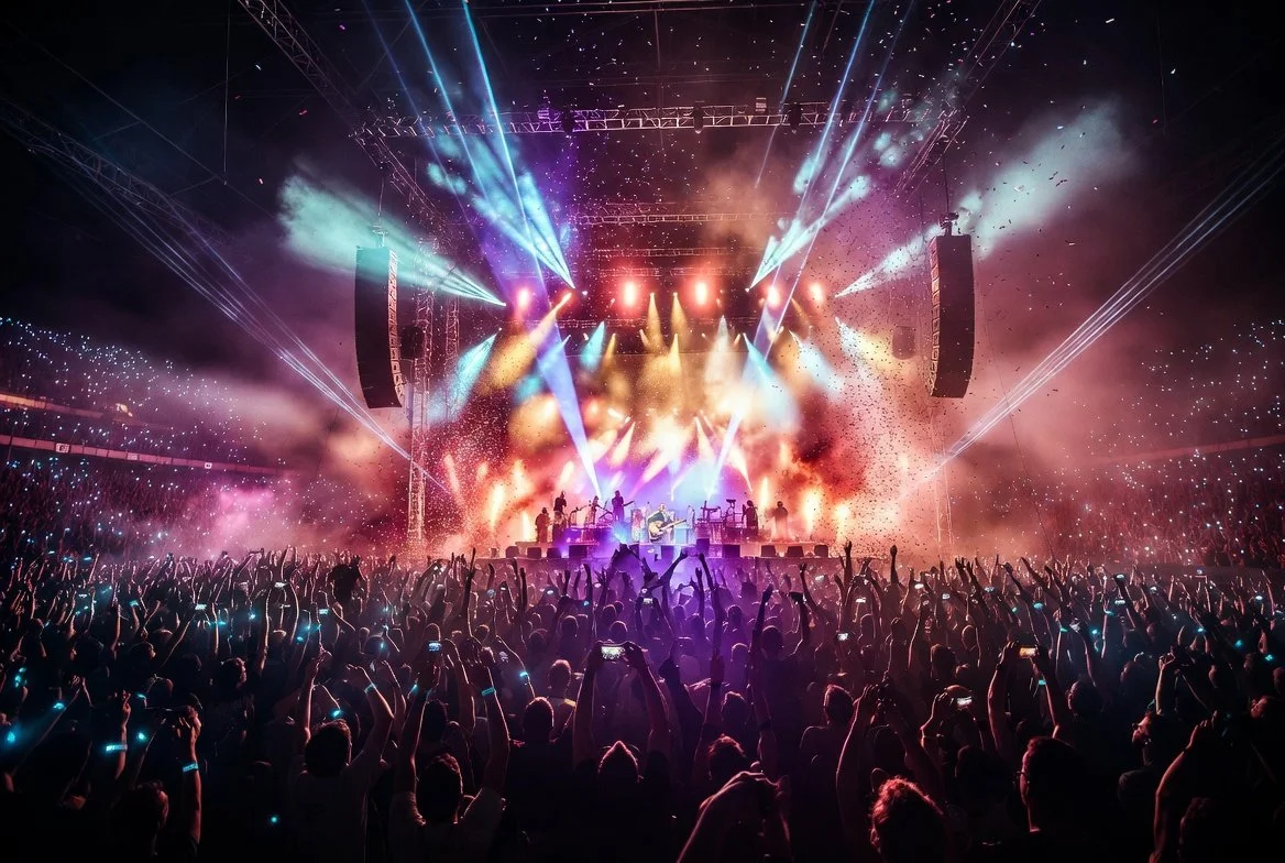 A large concert stage with colorful lights, smoke effects, and a band performing, with a crowd of fans raising their hands and taking pictures.