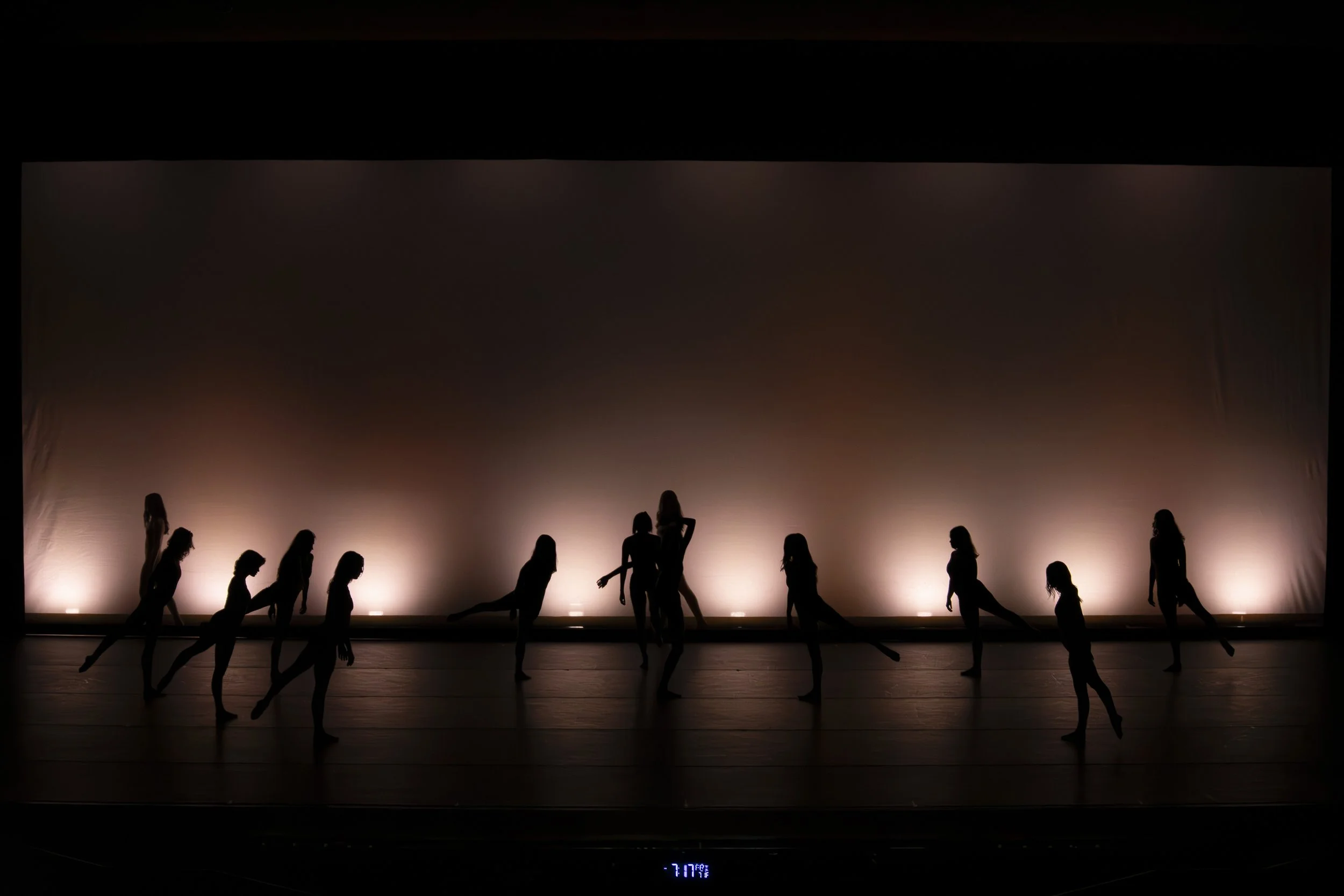 Silhouettes of a group of dancers performing on stage against a softly lit background.