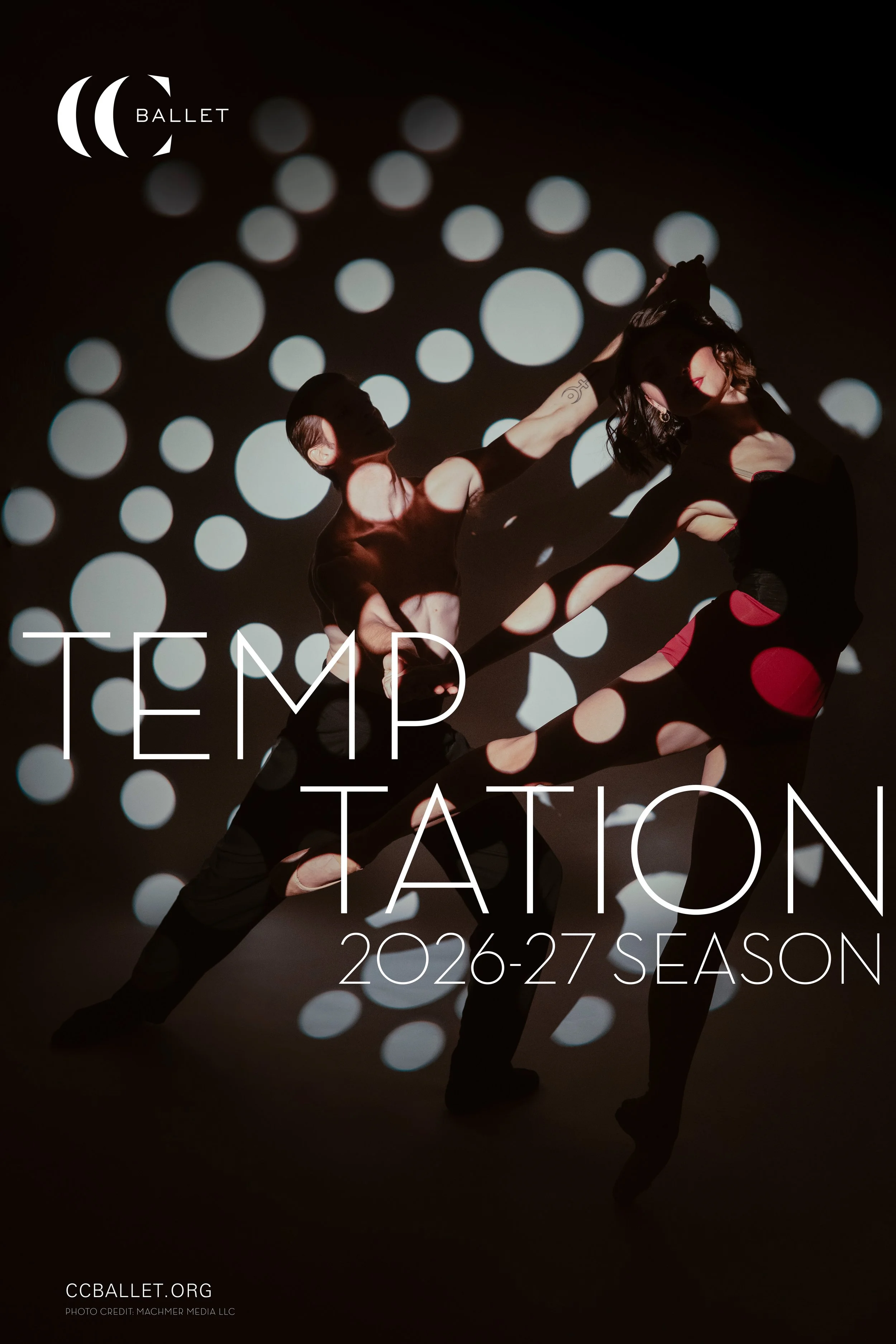 Poster for Ballet's 2026-27 season titled 'Temperature' featuring two dancers in black and red costumes performing a dance against a backdrop of white circles of varying sizes.