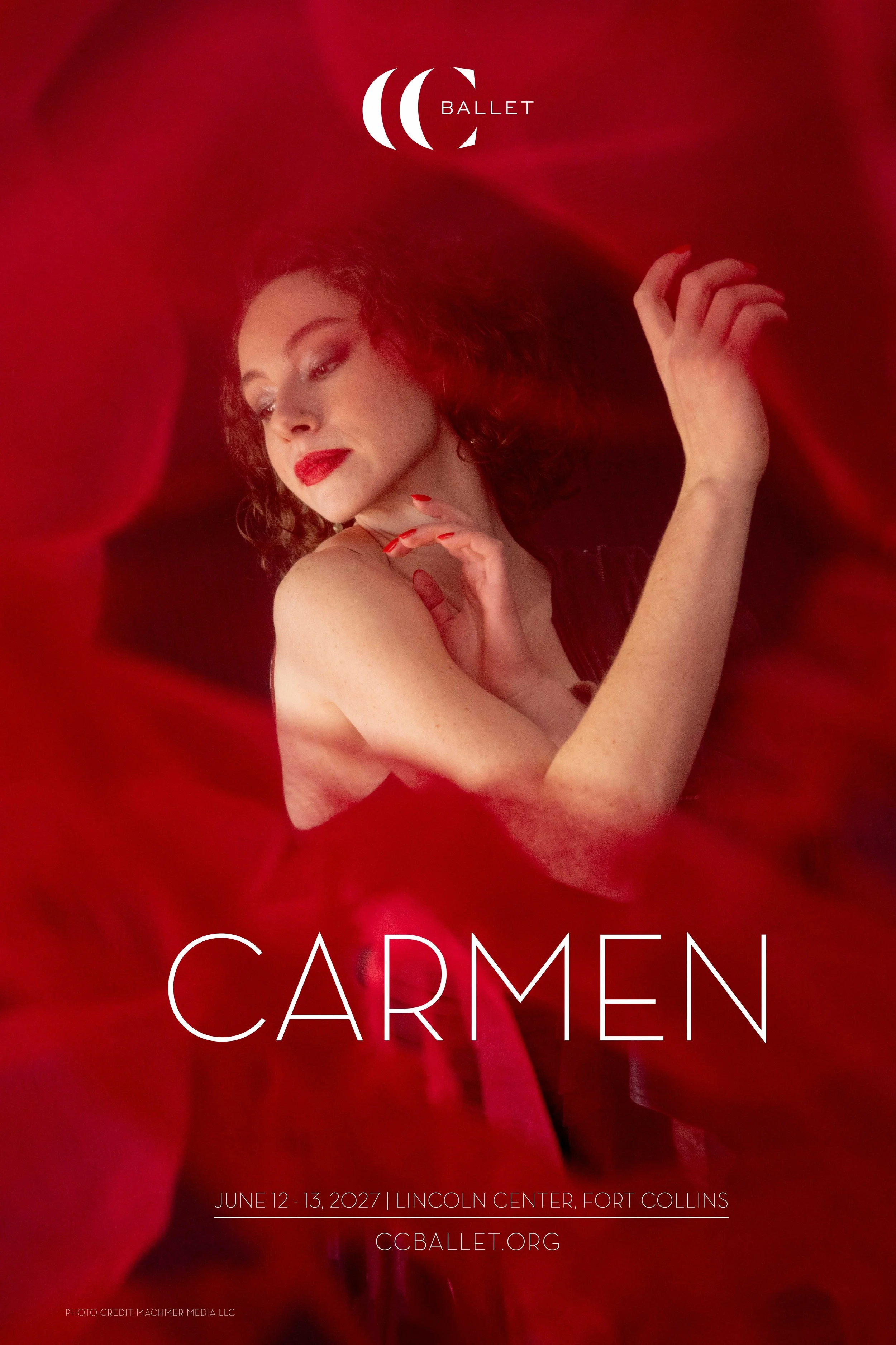 Poster for the ballet 'Carmen' featuring a woman with red lipstick and curly hair, surrounded by red petals or fabric, with event details and website at the bottom.