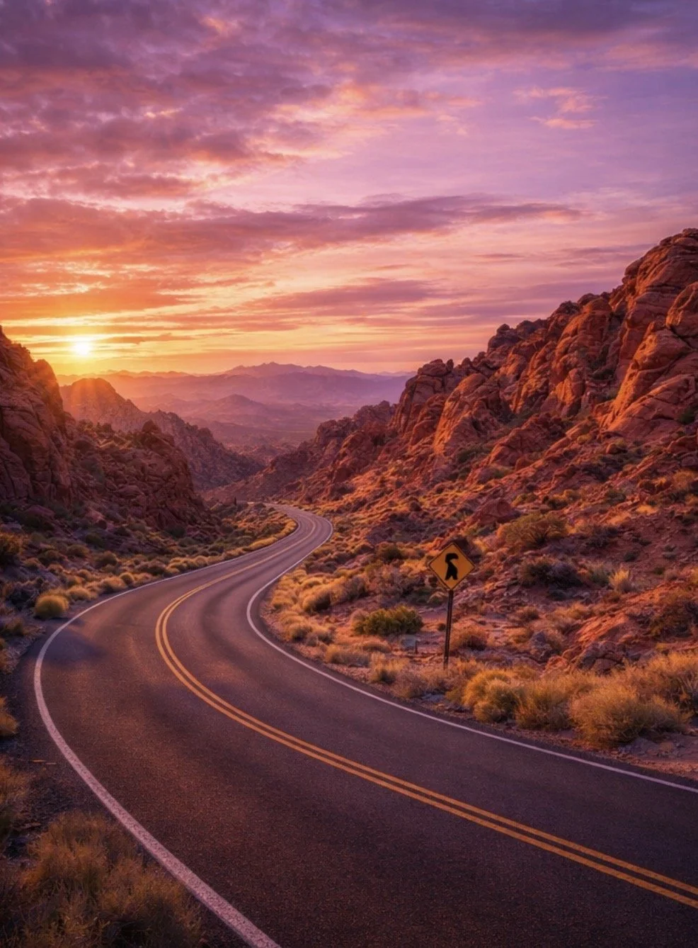 A winding mountain road at sunset with a yellow road sign on the right, surrounded by rugged rocky terrain and vibrant purple and orange sky.