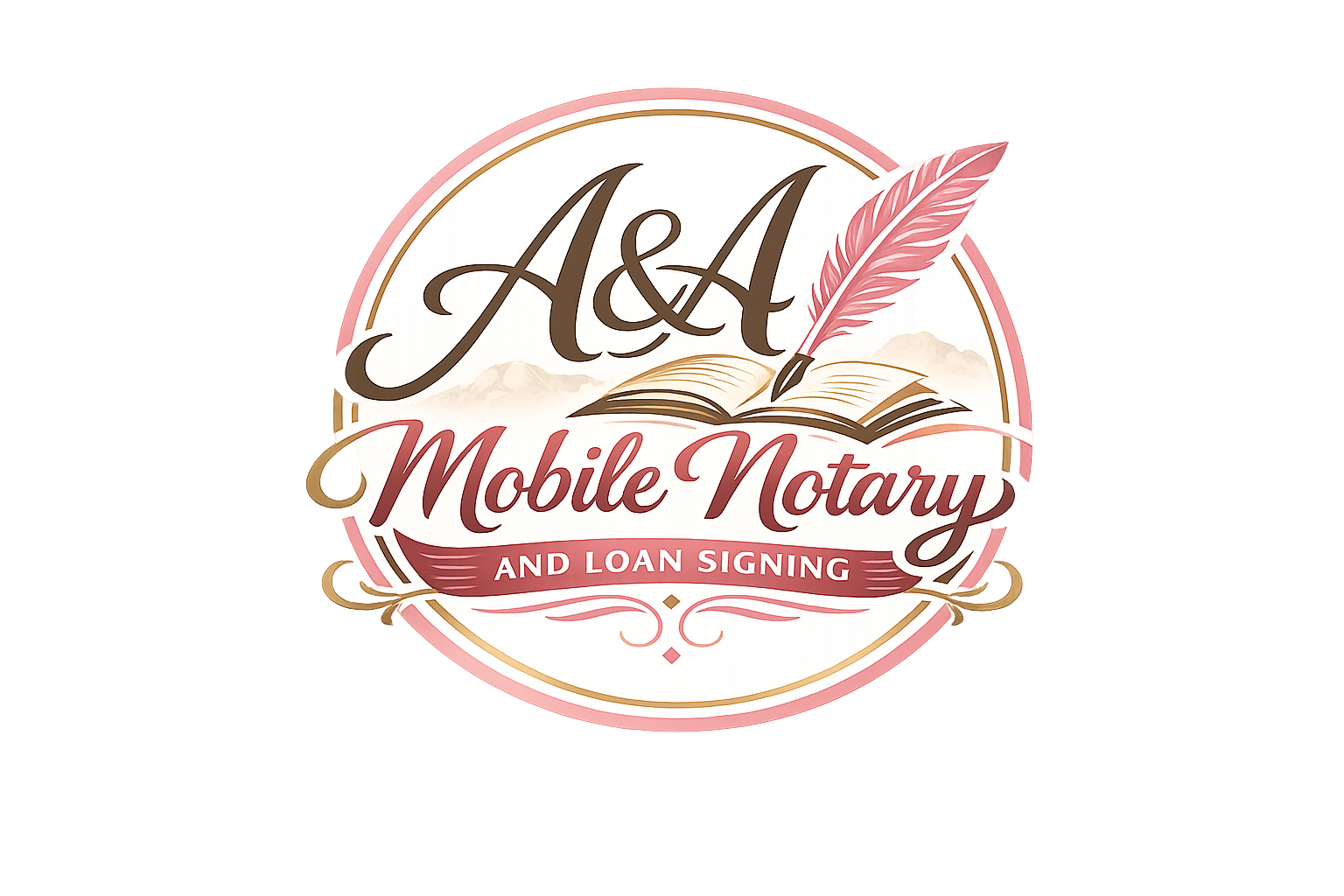 Logo for A&A Mobile Notary and Loan Signing featuring a circular design with an open book, a feather quill, and mountain backgrounds.