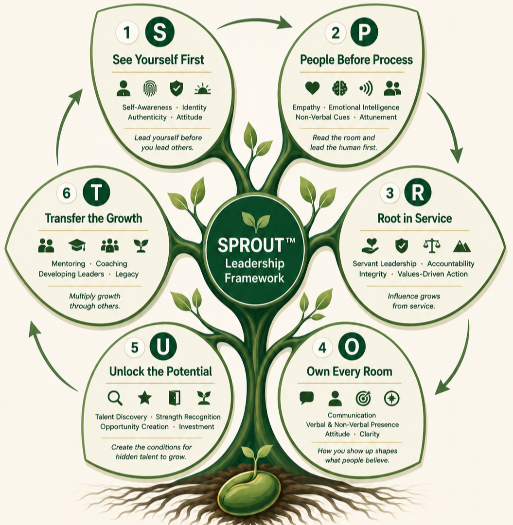 A diagram of the Sprout Leadership Framework organized as a tree with six branches labeled 1 to 6. Each branch contains icons and descriptions about leadership principles, starting with 'See Yourself First' and ending with 'Transfer the Growth.' The diagram emphasizes growth, self-awareness, empathy, authenticity, mentorship, and communication, illustrating the process for effective leadership.
