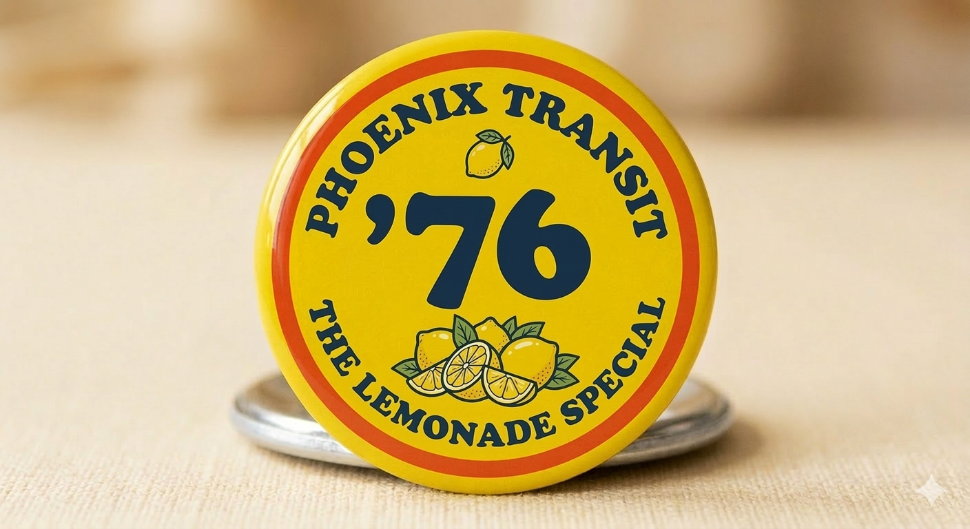 Yellow circular badge with red border, featuring the text 'Phoenix Transit 76 The Lemonade Special', with images of lemons and lemon slices.