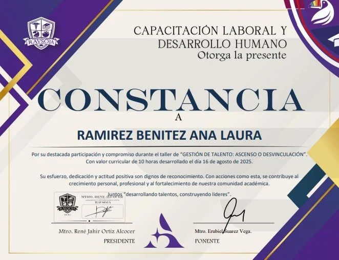 Certificado con membrete institucional, con nombres y firmas, reconocimiento por participación en taller de desarrollo personal.