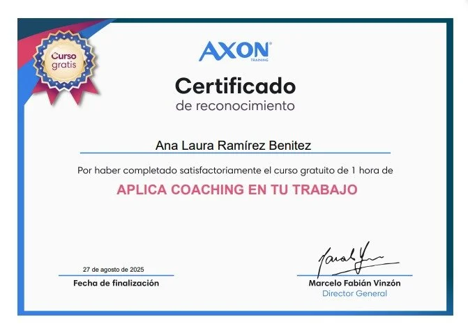 Certificado de reconocimiento otorgado a Ana Laura Ramírez Benítez por completar un curso gratuito sobre cómo aplicar coaching en el trabajo, firmado por Marcelo Fabián Vinzón.