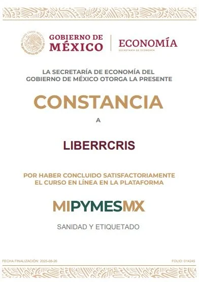 Constancia de certificación de un curso en línea en la plataforma MI PYMES MX, otorgada por la Secretaría de Economía del Gobierno de México por LIBERCRIS, finalizada en agosto de 2025.