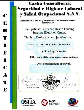 Certificado de capacitación en salud ocupacional y manejo anti soborno, que incluye sello y firma, emitido por CASBA y OSHA.