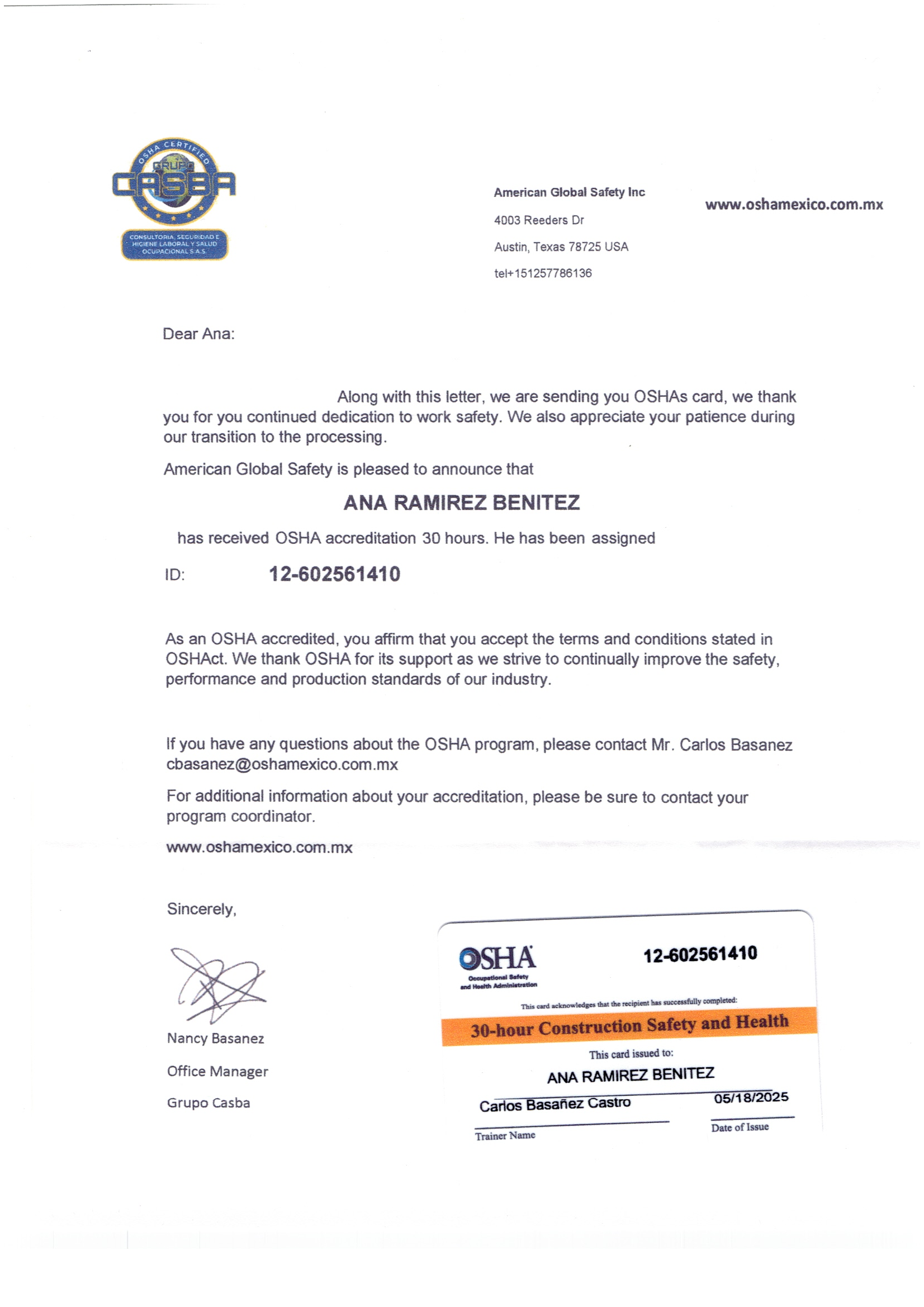Carta de certificación de OSHA para Ana Ramírez Benítez en seguridad y salud en construcción, con firma y sello.