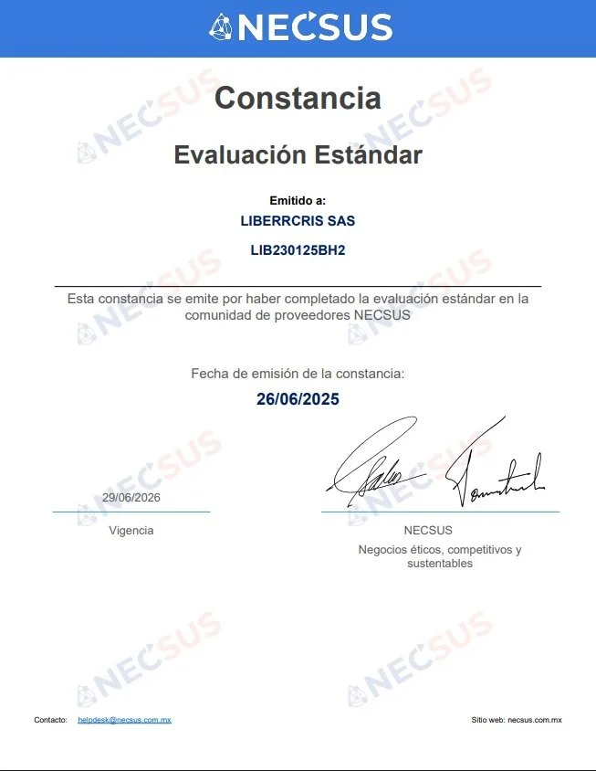 Constancia de evaluación estándar emitida a LIBERRCRIS SAS, con fecha de emisión 26/06/2025, firma y vigencia hasta 29/06/2026, de NECSUS.