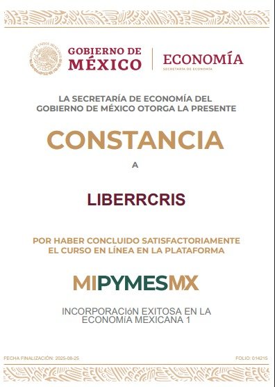 Constancia del gobierno de México otorgada a LIBERRCRIS por finalizar satisfactoriamente un curso en línea de PYMES MX en Economía Mexicana.
