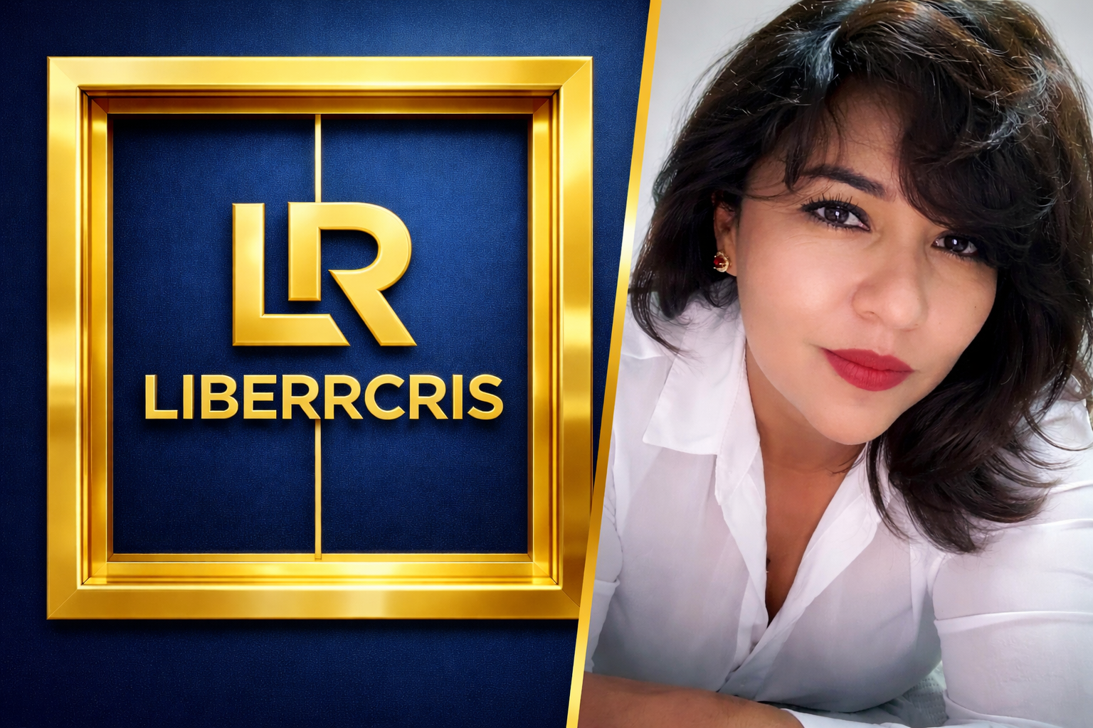 Logotipo de LIBERRCRIS en fondo azul y una mujer con cabello oscuro y ropa blanca.
