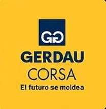 Logotipo de Gerdau Corsa con fondo amarillo y texto en azul y negro que dice 'El futuro se moldea'.
