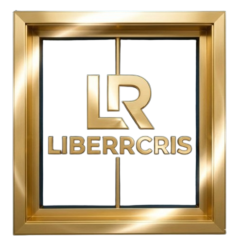 Logotipo de Liberrcris con letras grandes y doradas sobre fondo negro, enmarcado en un marco dorado.