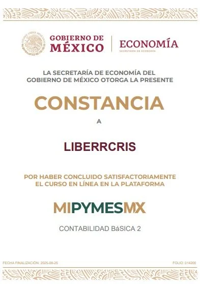 Constancia de la Secretaría de Economía del Gobierno de México otorgada a LIBERRCRIS por completar satisfactoriamente un curso en línea en la plataforma MI PYMES MX.