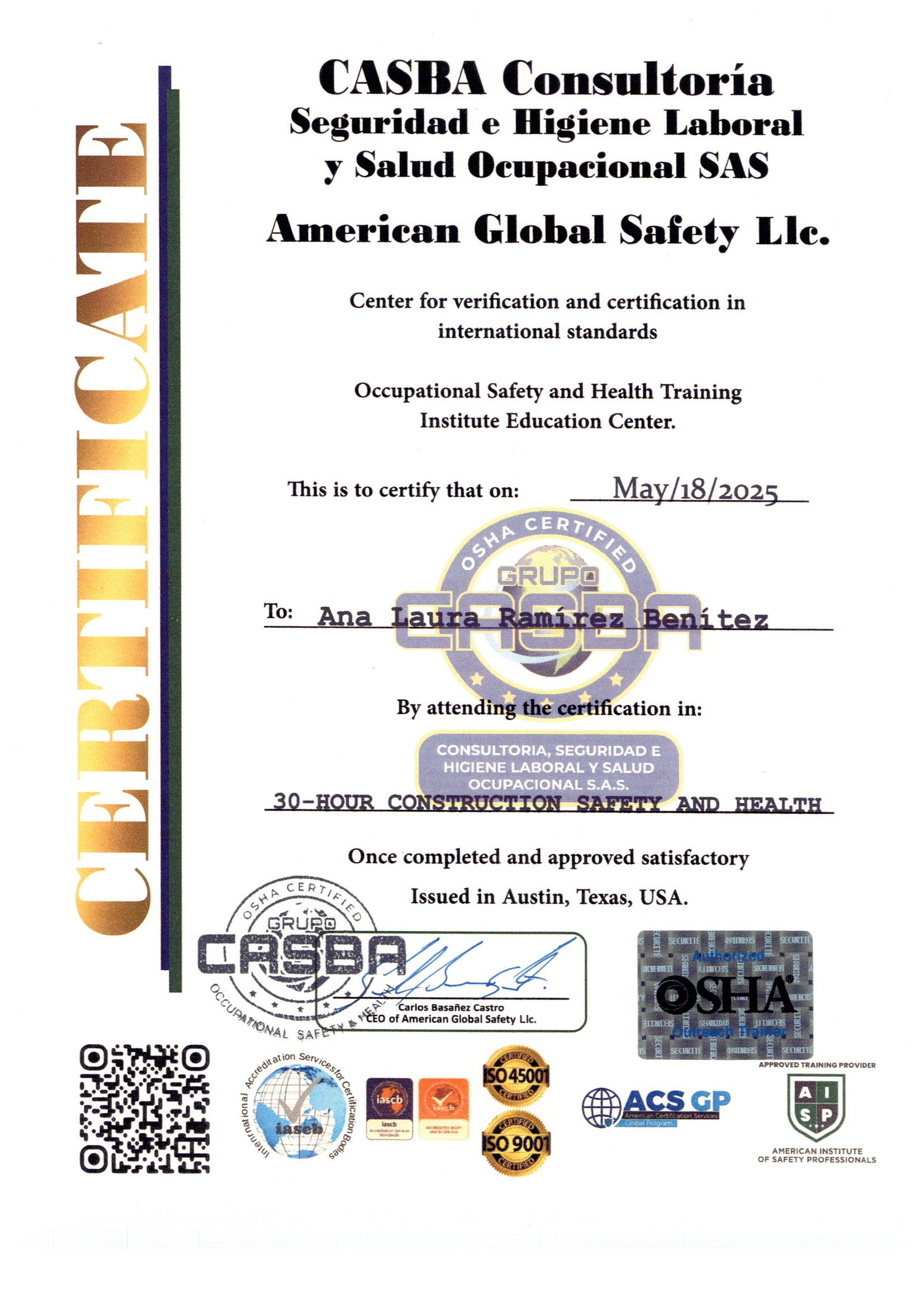 Certificado de capacitación en seguridad y higiene laboral de la empresa American Global Safety LLC, otorgado a Ana Laura Ramírez Benítez en Austin, Texas, por completar un curso de 30 horas en seguridad en construcción.