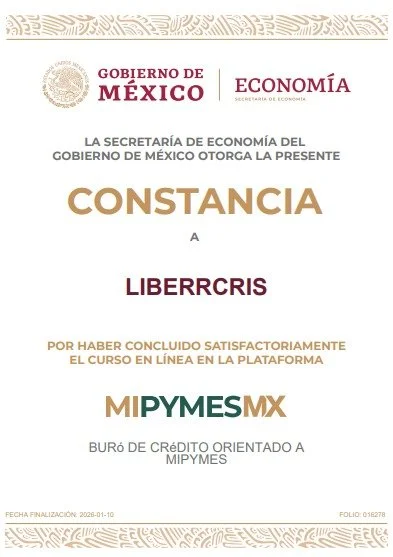Constancia otorgada por la Secretaría de Economía del Gobierno de México a LIBERRCRIS, por haber concluido satisfactoriamente un curso en línea en la plataforma MIPYMES MX, fechada el 1 de enero de 2020.