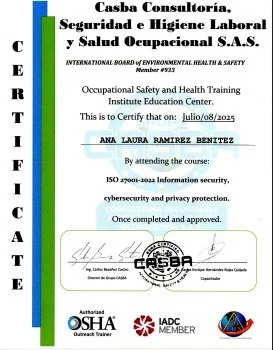 Certificado de capacitación en Seguridad y Salud Ocupacional emitido a Ana Laura Ramírez Benítez, otorgado por Casba Consultoría, Seguridad e Higiene Laboral S.A.S., con certificados y firmas, y logotipos de OSHA, IADC y la Junta Internacional.