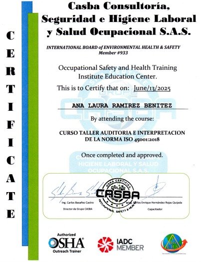 Certificado de capacitación en Seguridad y Salud Ocupacional, otorgado a Ana Laura Ramírez Benítez, por completar un curso sobre la norma ISO 45001:2018, emitido por Casba Consultoría, Seguridad e Higiene Laboral y Salud Ocupacional S.A.S.