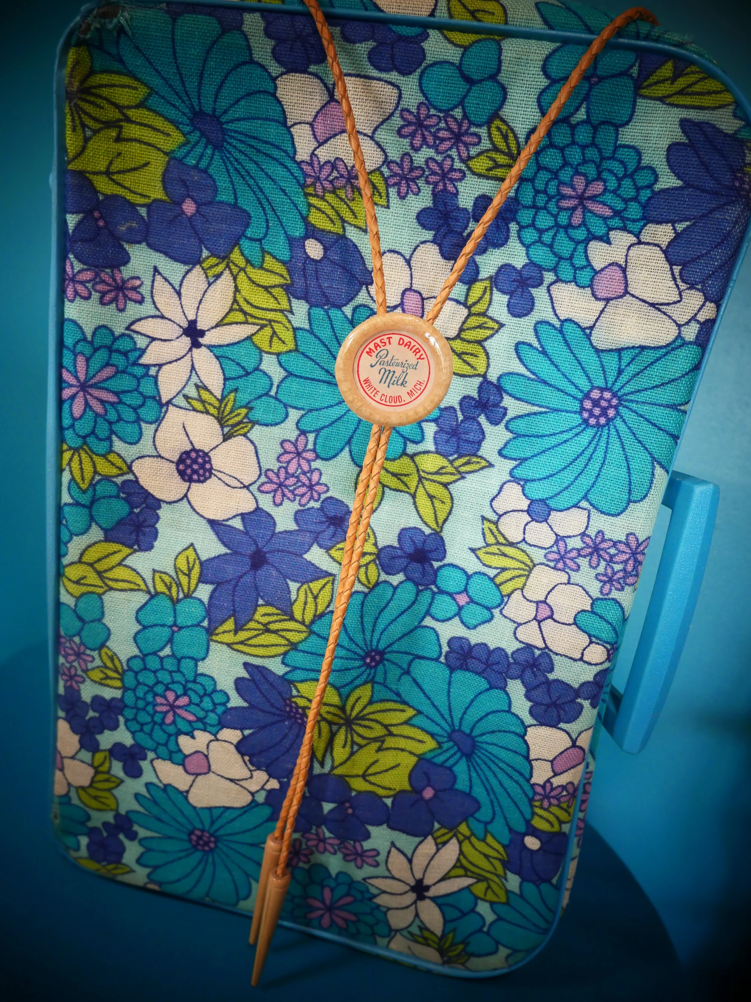 Mast Dairy white cloud, Michigan Vintage Milk Cap Bolo Tie