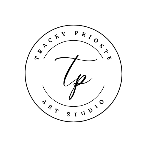 A black and white circular logo for Tracey Prioste Art Studio with the initials 'tp' in the center.