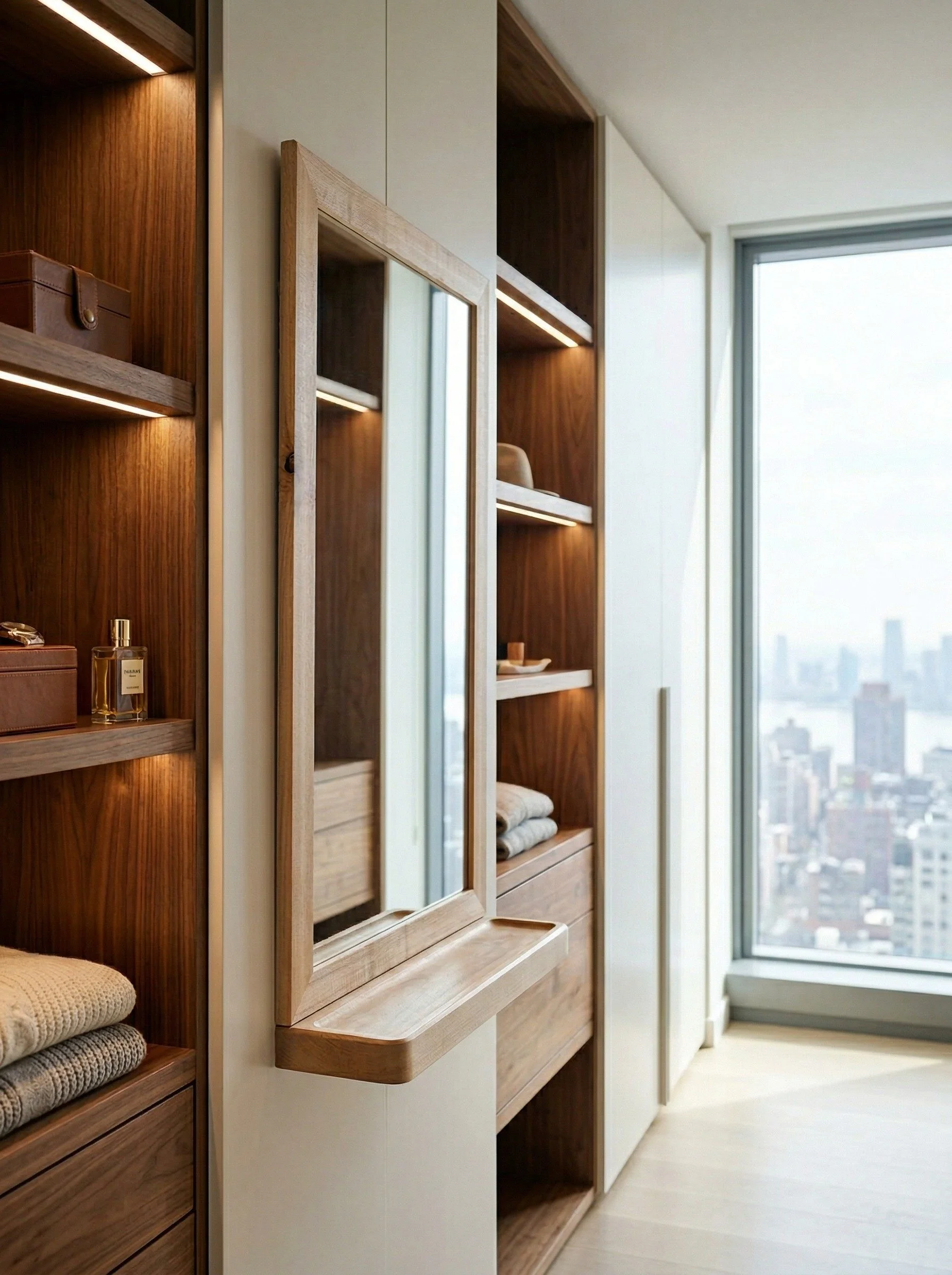 Interior of a modern room featuring wooden shelves, a mirror with a wooden frame, neatly folded towels, and a large window showing cityscape views.