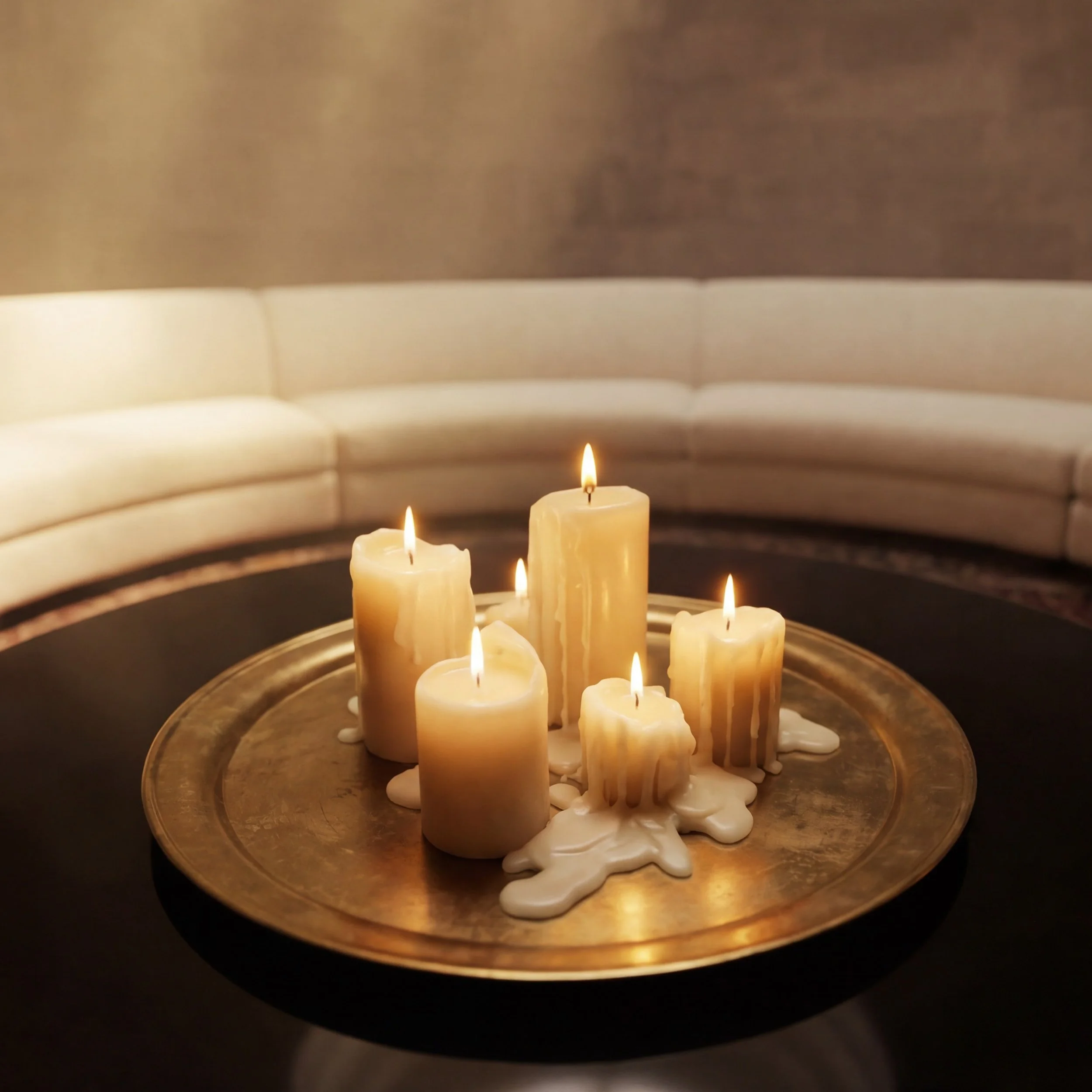 Six lit candles on a metal tray, melted wax dripping down, placed on a black coffee table in front of a beige sectional sofa on a persian rug