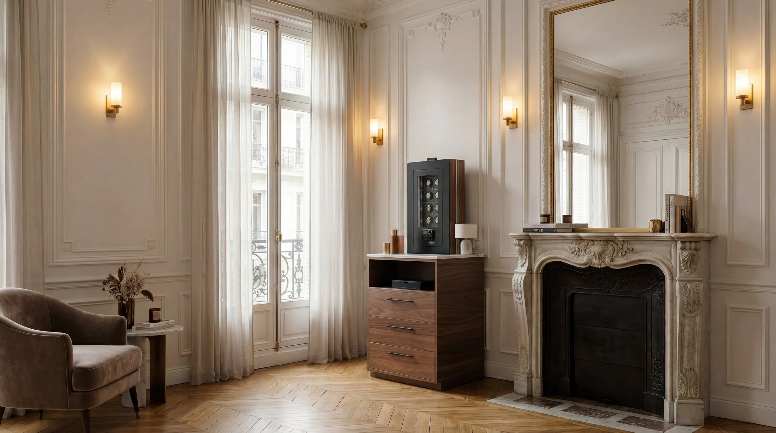 Elegant living room corner with tall windows, sheer curtains, a velvet armchair, a side table with dried flowers, a wooden cabinet with a glass display case, and a decorative fireplace with a large mirror above it.