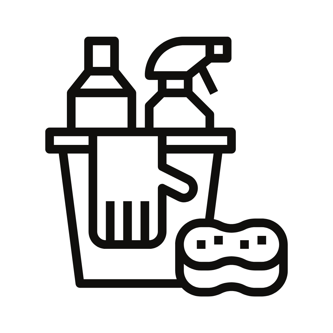 Cleaning supplies including spray bottle, soap bottle, sponge, and trash can with trash inside.