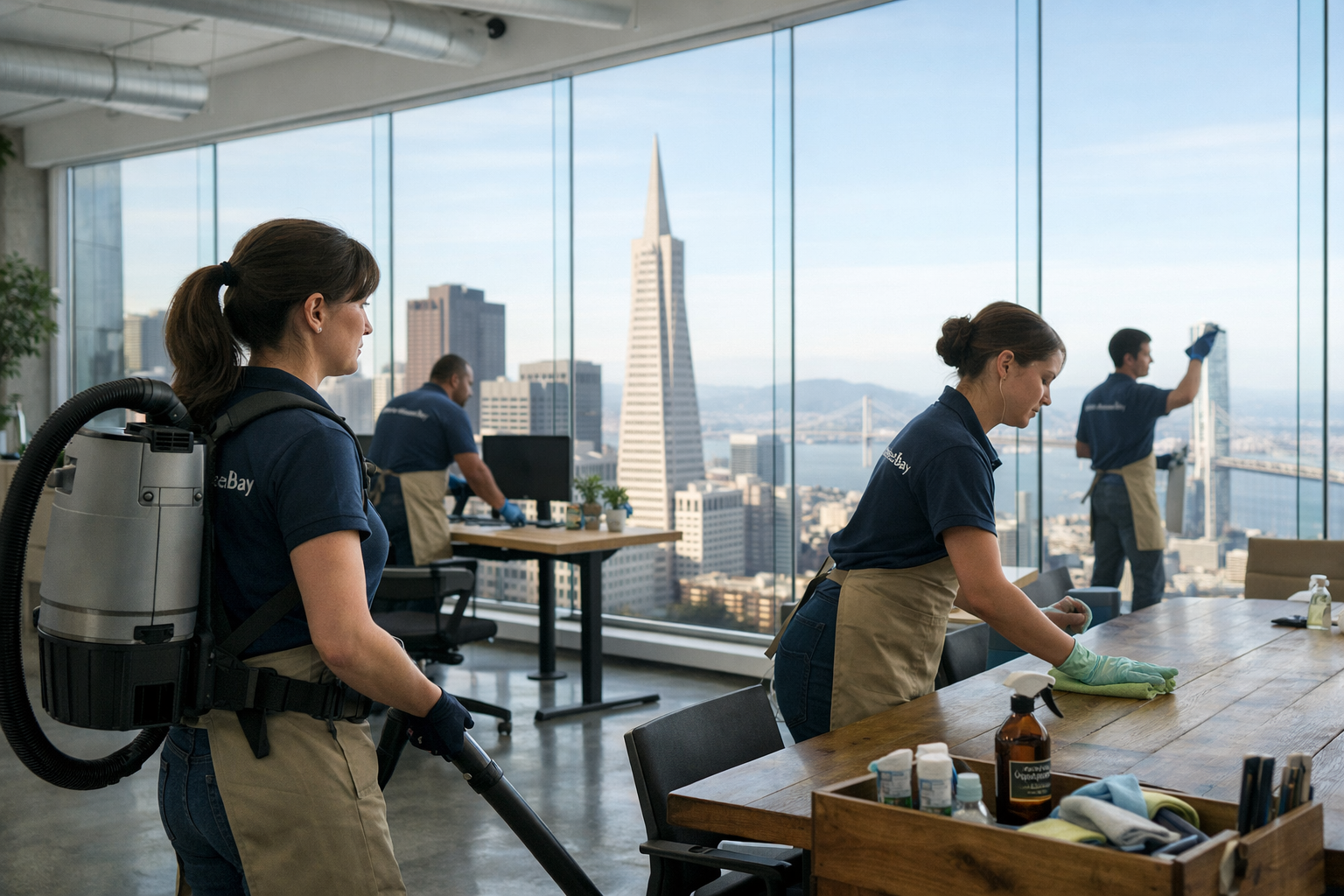 office cleaning services Bay Area team disinfecting modern office Salesforce Tower view