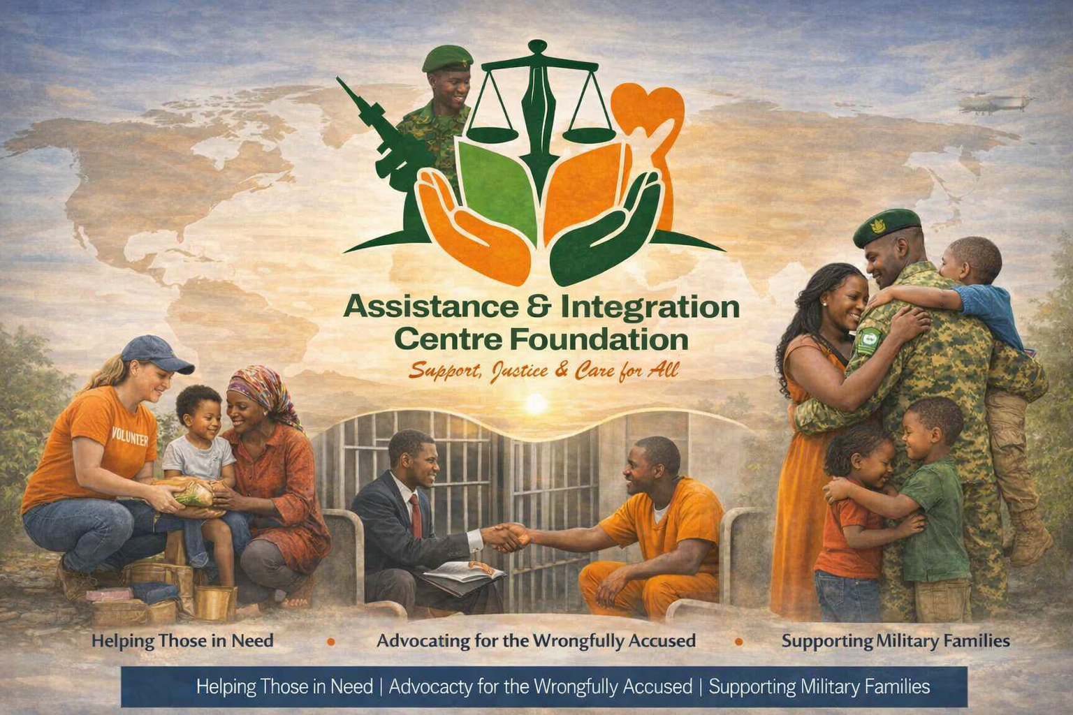 A collage with the logo of the Assistance & Integration Centre Foundation at the top, depicting hands, a soldier, a scale, a heart, and a DNA strand. The background shows a world map and sunset. Three groups of people are featured: a volunteer woman helping a child and woman, a man in a suit shaking hands with a soldier, and a soldier hugging a woman and children. Text highlights the foundation's mission, including helping those in need, advocating for the wrongfully accused, and supporting military families.