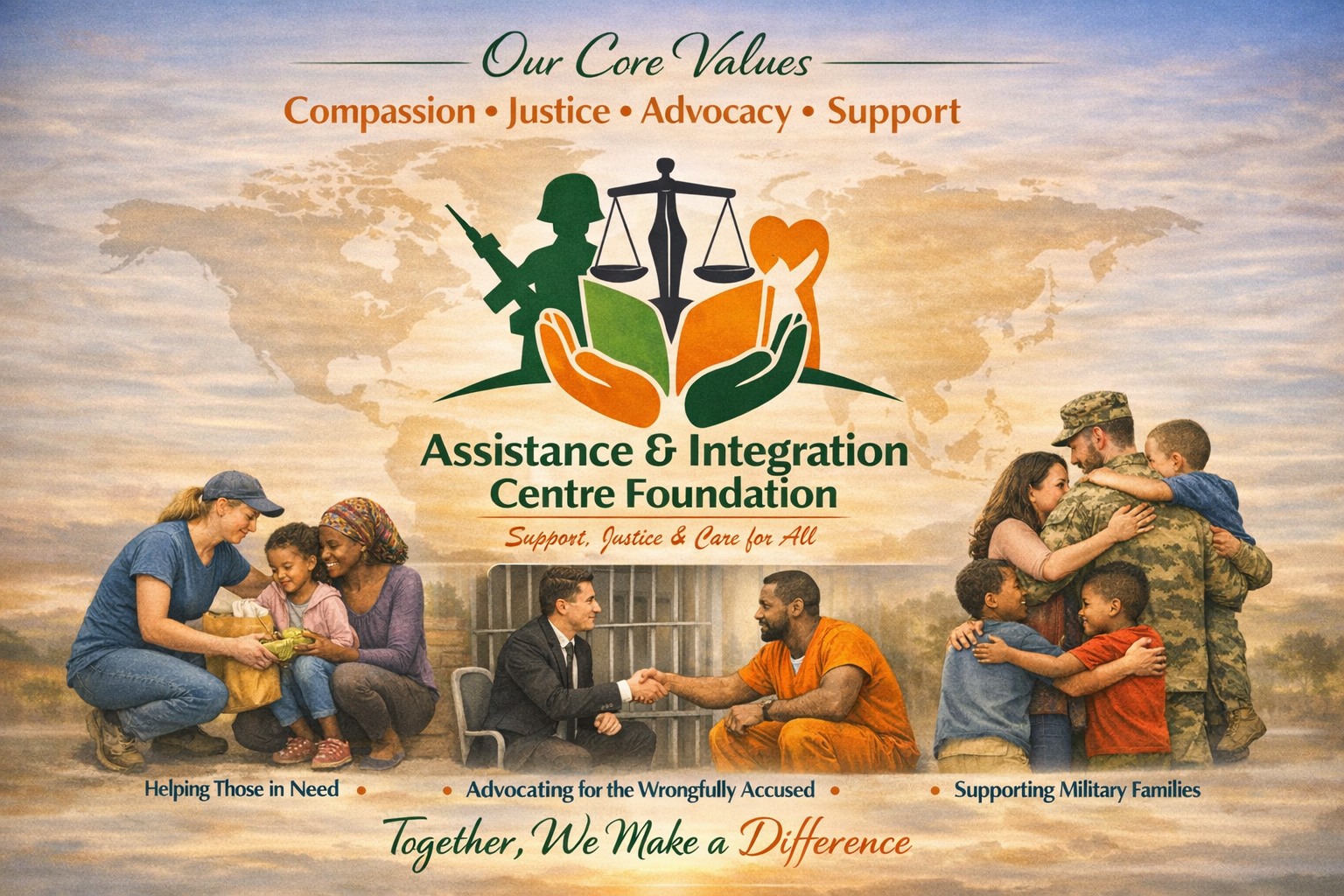 A group photo showcases diverse individuals including military personnel, women, and children, emphasizing community support and care, with a background of a world map and a logo promoting compassion, justice, advocacy, and support.