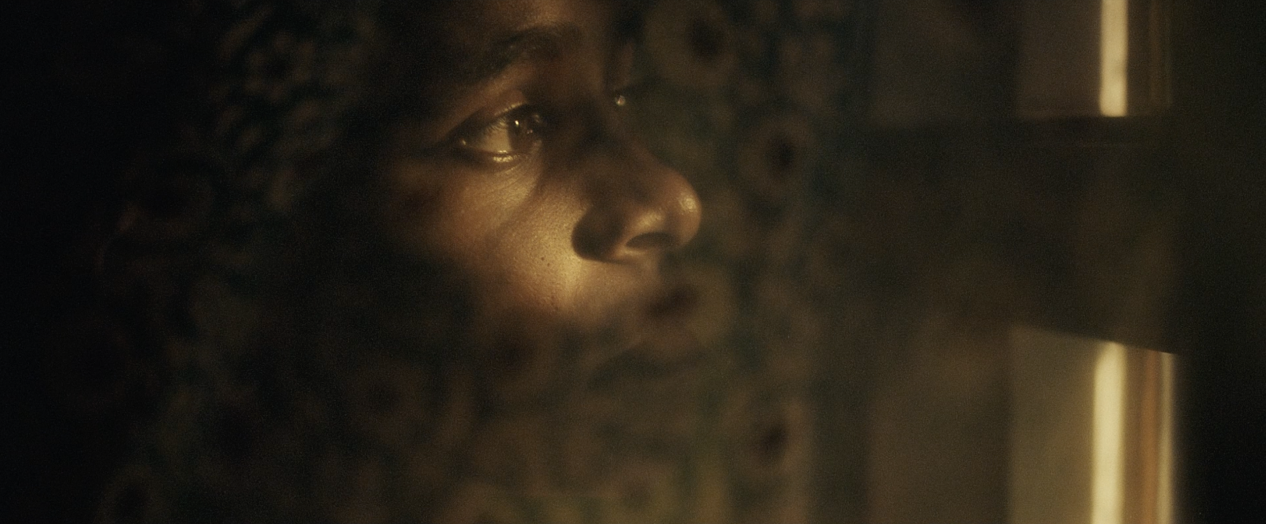 Close-up of a woman with curly hair looking thoughtfully out of a window in dim lighting.