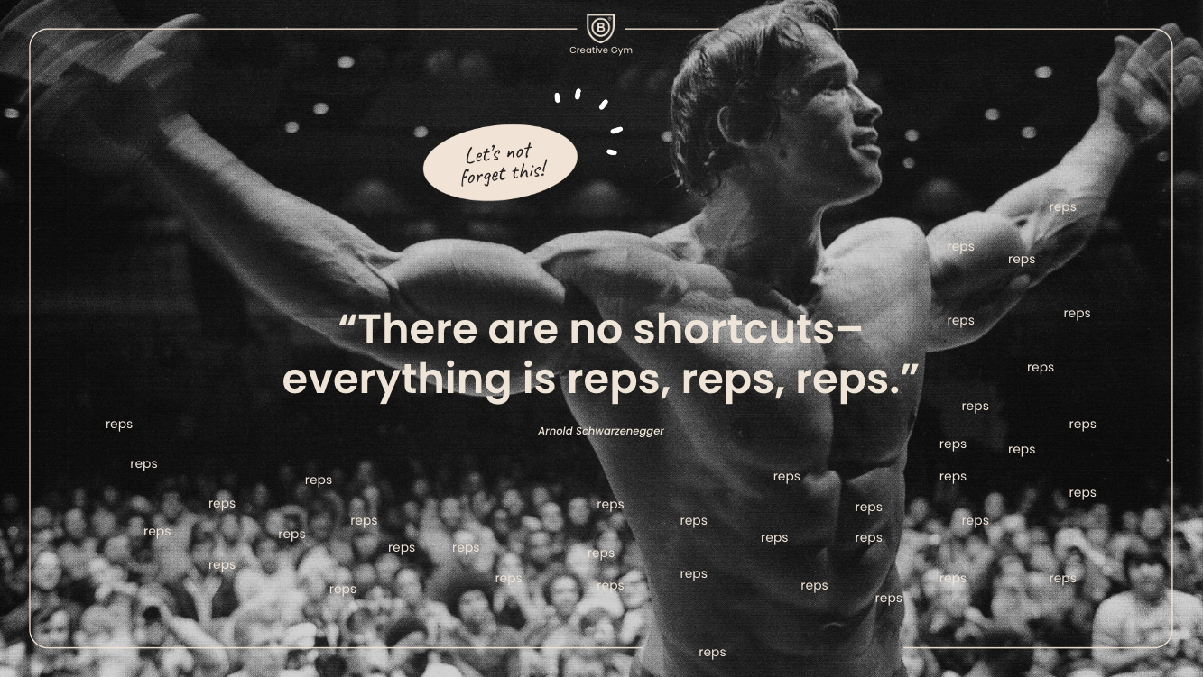 Black and white photo of a muscular man, Arnold Schwarzenegger, performing a bodybuilding pose on stage in front of a large audience. A speech bubble above his head says, "Let's not forget this!" and a quote across the image reads, "There are no shortcuts—everything is reps, reps, reps."
