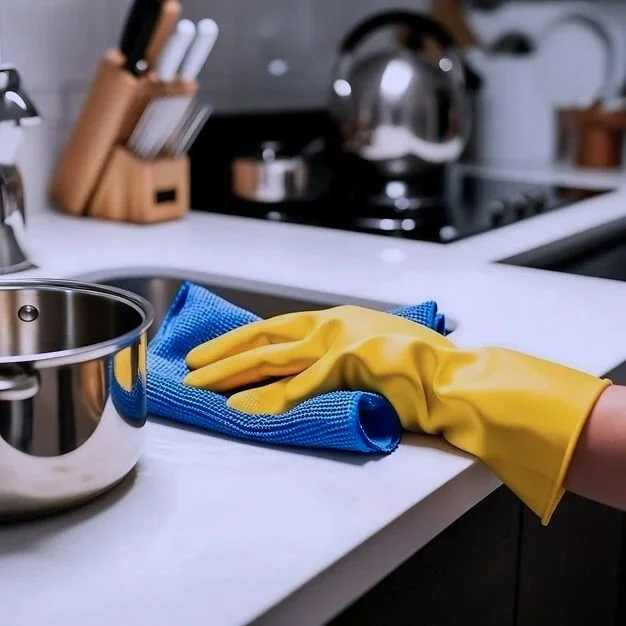A person cleaning a kitchen countertop with a blue cloth and yellow rubber gloves, with a stainless steel pot on the counter.