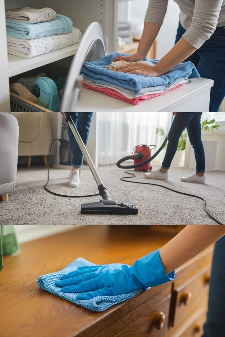 A person folding laundry, vacuuming a carpet, and cleaning a wooden surface with a cloth.