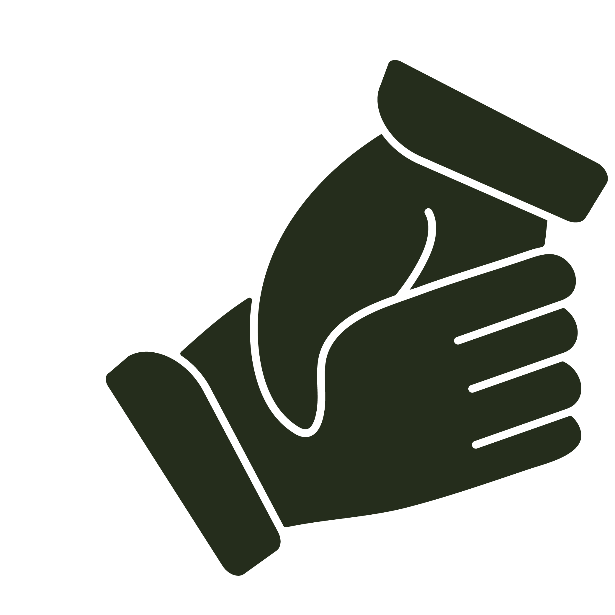 Close-up of a hand holding a green object with black details, possibly a device or tool.