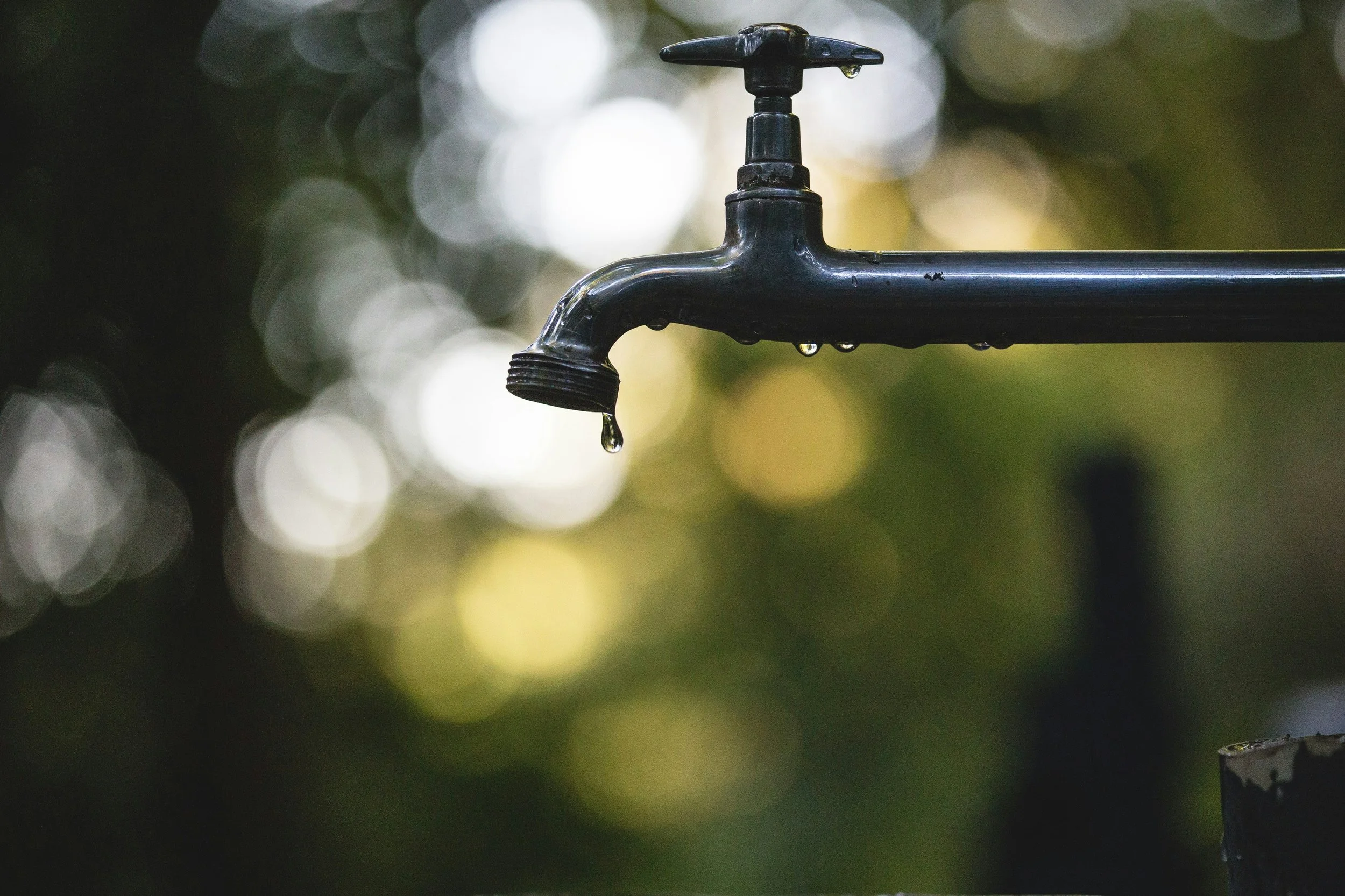 Close-up of an outdoor water faucet with water droplets and a dribbling water drop, blurred greenery background.
