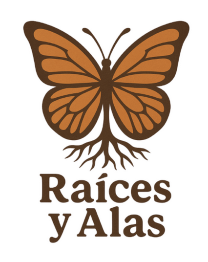 A butterfly with orange wings and black outlines, with roots extending below, and the Spanish words "Raíces y Alas" indicating "Roots and Wings."