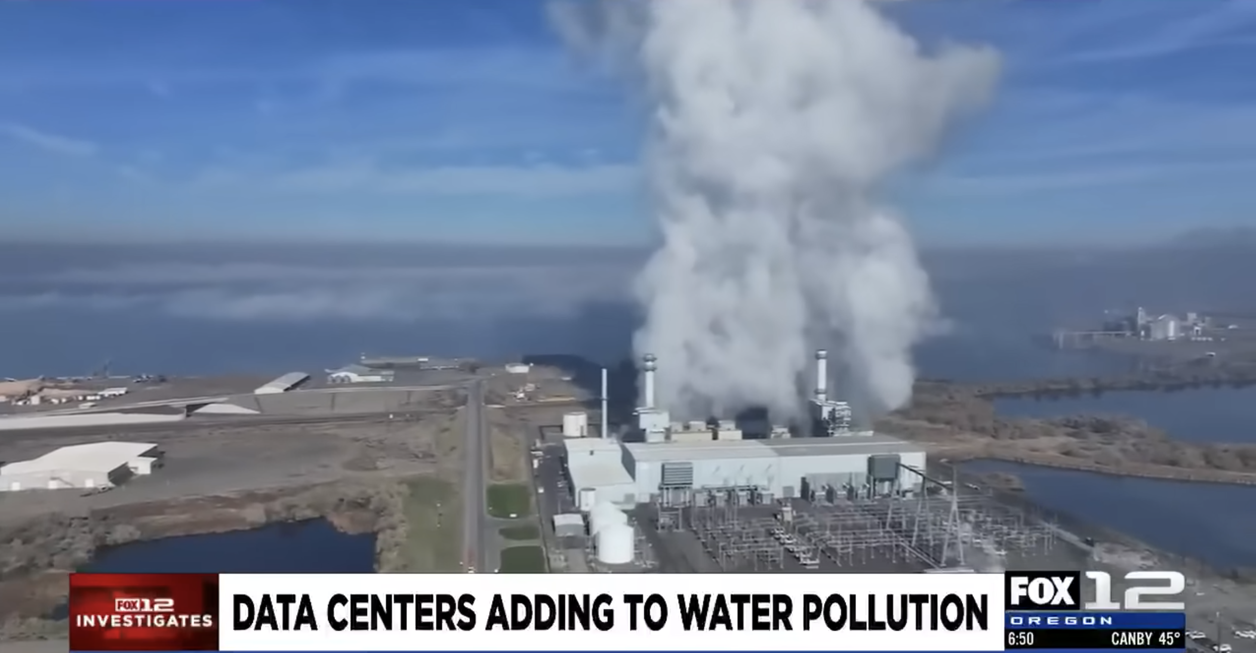 A power plant with cooling towers emitting steam and smoke near a body of water, with industrial buildings nearby and a news caption about data centers adding to water pollution.