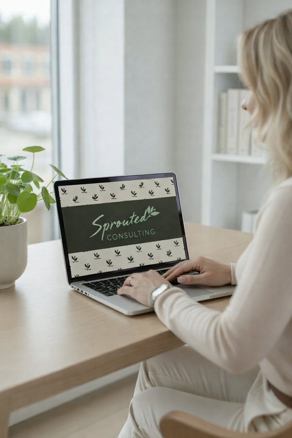Cara working on a laptop at a wooden table, with a plant on her left and a window in the background. The laptop screen displays a logo for Sprouted Consulting.