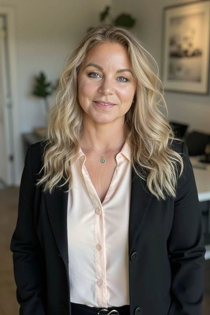 Cara with blonde wavy hair smiling in an office setting, wearing a light-colored blouse, a black blazer, and a necklace.