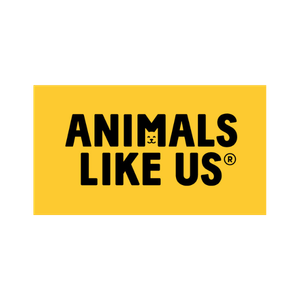 Yellow sign with black text that reads 'Animals Like Us' and a small cat face illustration in the letter 'A'