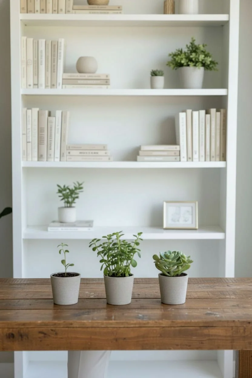Three potted plants on a wooden table in front of a white bookshelf filled with books and decorative items.