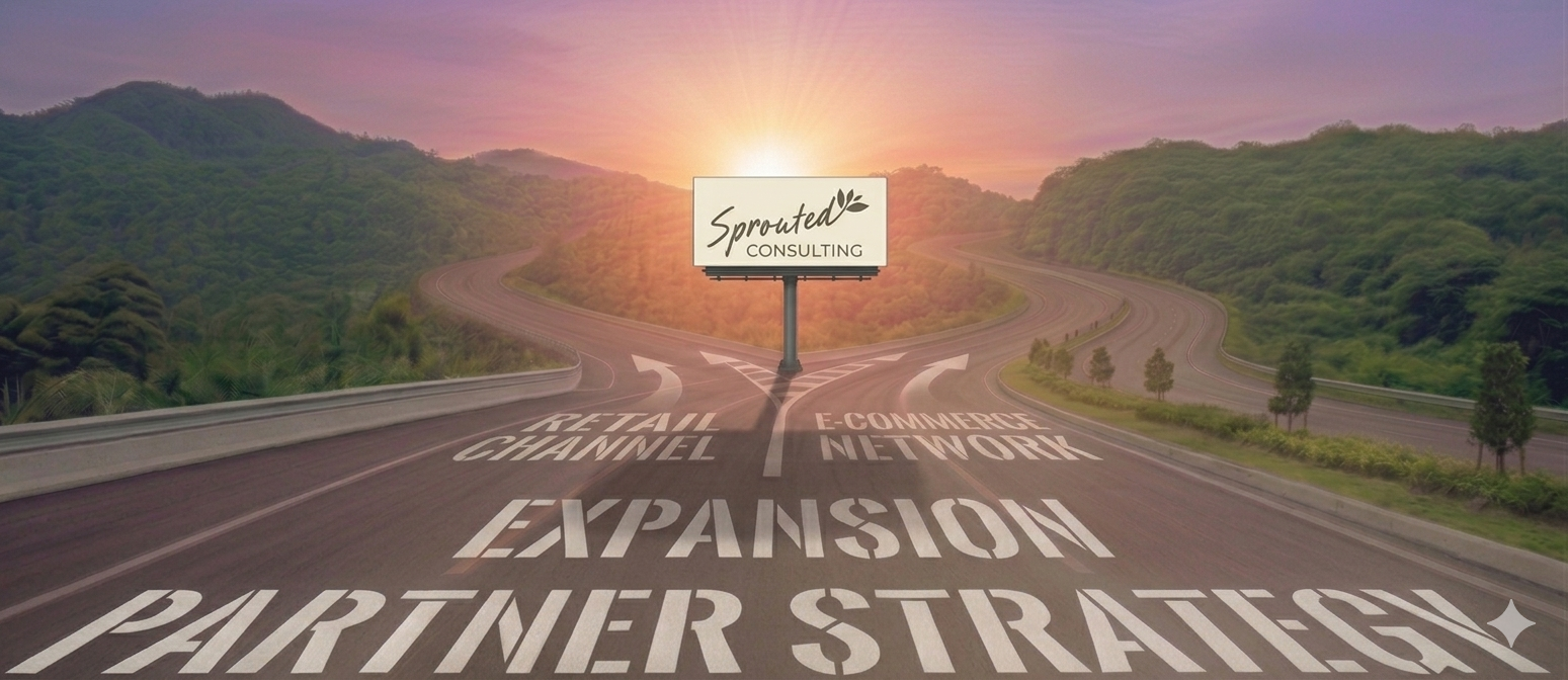A road splitting into three directions up a hill at sunset, with labels 'Detail Channel,' 'E-Commerce Network,' and 'Expansion Partner Strategy' on the pavement. A billboard for 'Sprouted Consulting' stands in the background.