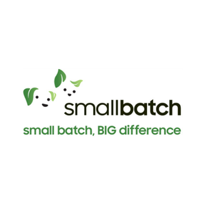 Smallbatch logo with green and black text and leaf accents, slogan reads 'small batch, BIG difference'.