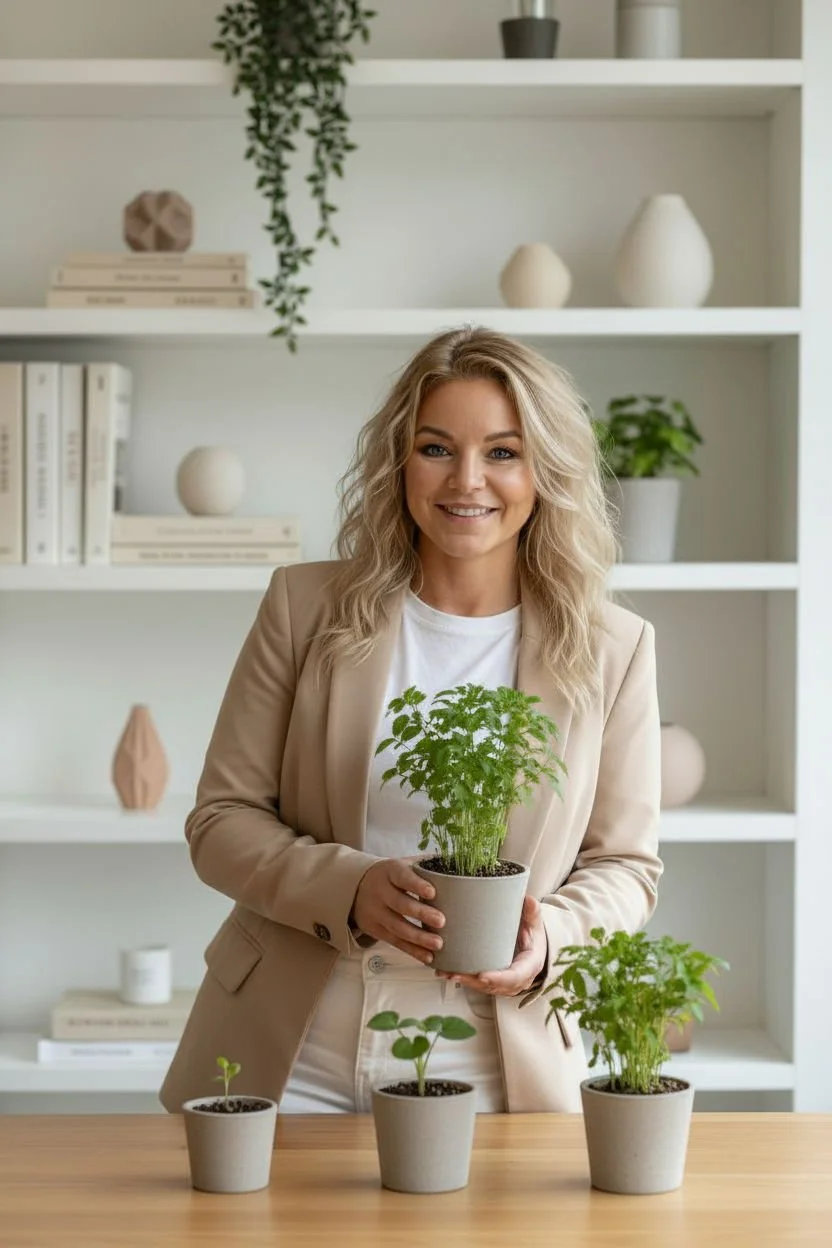 Cara holding a potted herb plant, standing behind a table with three other potted plants, in a bright, modern room with white shelving and decorative vases.