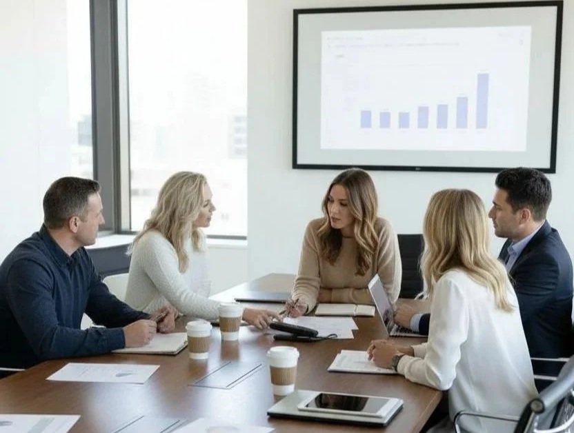 Five people in a business meeting sitting around a conference table with laptops and notebooks, discussing while looking at a presentation displayed on a large screen showing a bar chart.