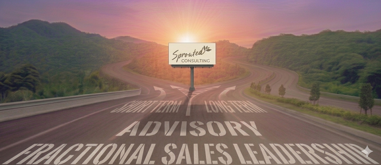 Road splits into two directions labeled 'short-term' and 'long-term' with 'advisory' and 'fractal sales leadership' written on the road. A billboard in the distance shows 'Sprouted Consulting' overlooking scenic green hills at sunrise.