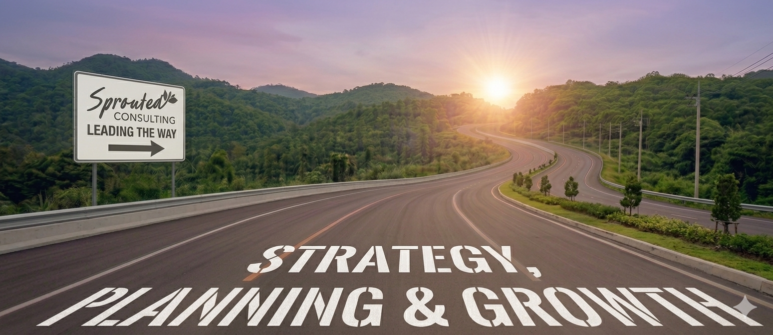A winding road through lush green hills during sunrise with a sign reading "Sprouted Consulting Leading the Way" and road markings that say "Strategy, Planning & Growth".